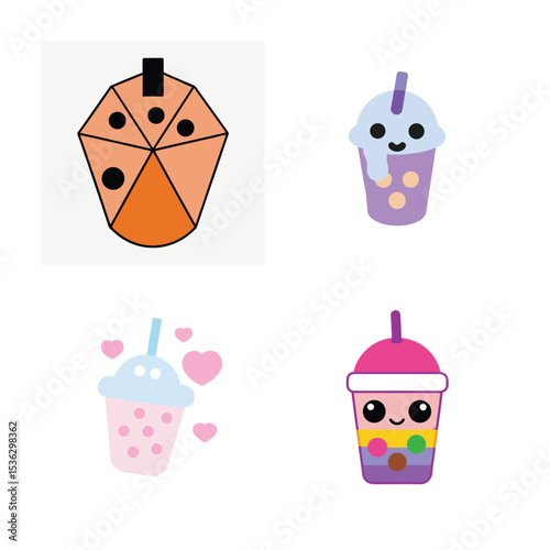 cute kawaii bubble tea vector illustration set.
