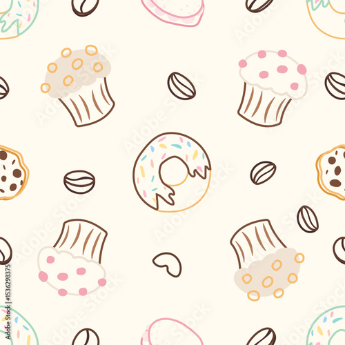 Vector seamless pattern with donuts, cupcakes, cookies, macaroons and coffee beans in colored outline. Perfect for packaging, textiles, wallpapers and coffee shop decor