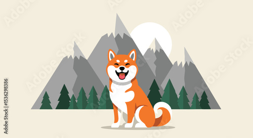 A Cheerful Shiba Inu Dog Enjoying the Scenery of a Majestic Mountain Range