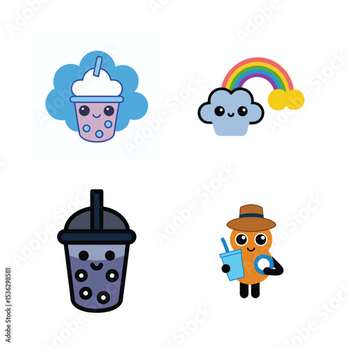 cute kawaii bubble tea vector illustration set.