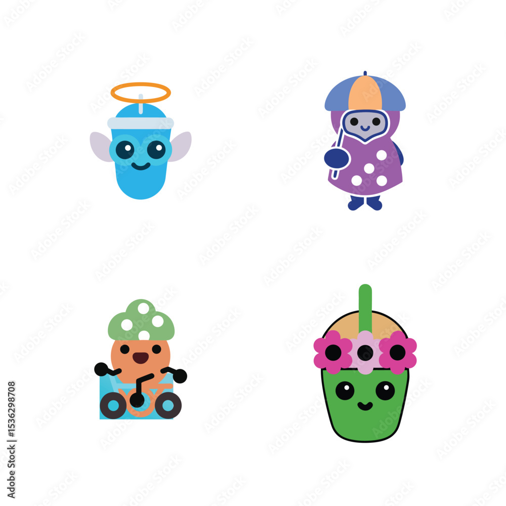 Obraz premium cute kawaii bubble tea vector illustration set.