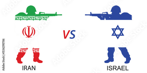 Iran vs Israel war. Islamic republic of Iran and Israel solider concept flags. Vector illustration of Muslims and Jews war concept.    