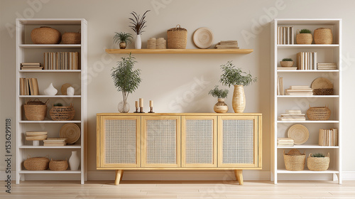 Interior of living room with shelf units, plants and air humidifier on commode 