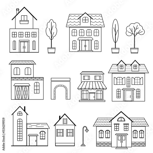 Vector set of different houses, trees, shop, lamppost and arch, transparent illustration drawn with contour black lines