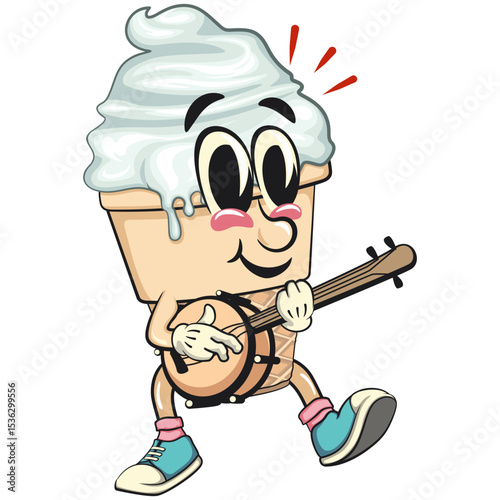 cute ice cream cone mascot cartoon vector character with waffle cone and vanilla topping playing the banjo musical instrumen, work of hand drawn
