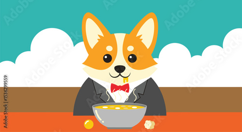 Elegant Corgi Enjoying a Bowl of Delicious Golden Coins at a Table Outdoors