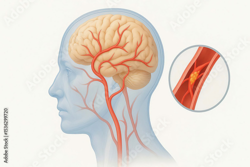 Human brain, blood vessel, artery, stroke, and blockage are shown in this medical illustration, highlighting risk of cerebral artery obstruction and its impact on brain health
