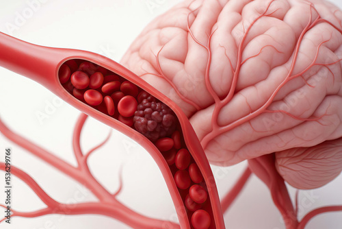 Blood vessel brain clot artery red blood cell blockage medical health anatomy stroke. This detailed 3D illustration shows blood clot blocking artery brain highlighting risk of stroke