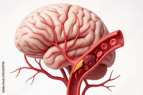 Brain blood vessel artery clot blockage stroke medical anatomy health disease. This detailed illustration shows human brain with close up of blocked artery highlighting blood clot and plaque