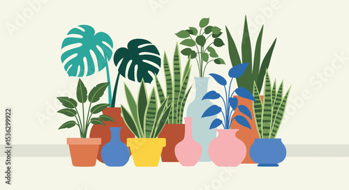 Beautiful Assortment of Indoor Potted Houseplants and Foliage in Various Decorative Containers