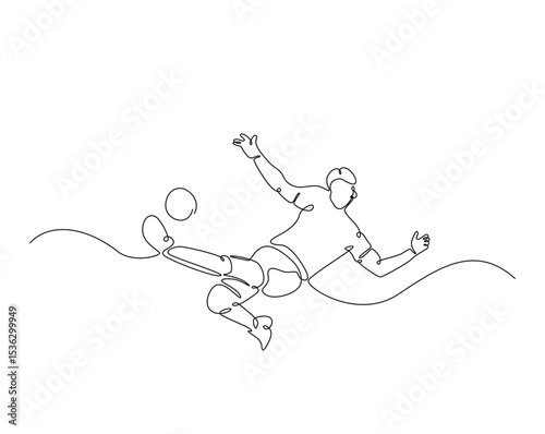 Football player outline drawing illustration. one continuous line drawing of soccer player kick the ball.