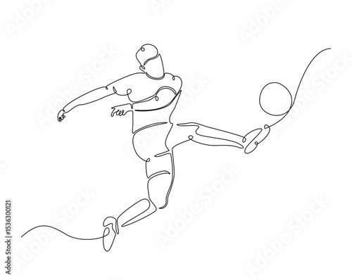 Football player outline drawing illustration. one continuous line drawing of soccer player kick the ball.