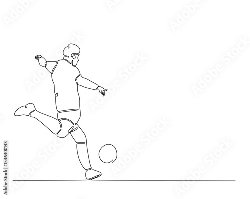 Football player outline drawing illustration. one continuous line drawing of soccer player kick the ball.
