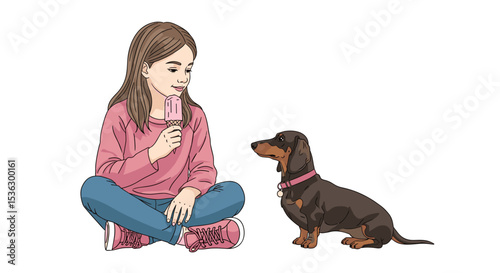 A girl with crossed legs is going to give ice cream to a dog