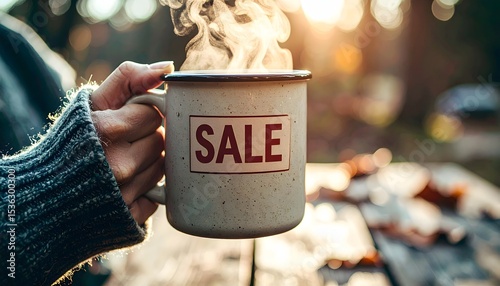 Hands Holding Steaming Mug with Sale Sticker on Wooden Table