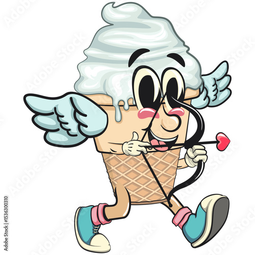 cute ice cream cone mascot cartoon vector character with waffle cone and vanilla topping become a cupid with angel wings and the arrow of love, work of hand drawn