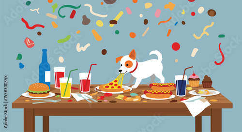 A Jack Russell Terrier at a Party with Lots of Food on Table
