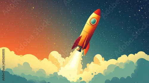 Illustration of a cartoon rocket launching into a starry sky with clouds and orange sky above it