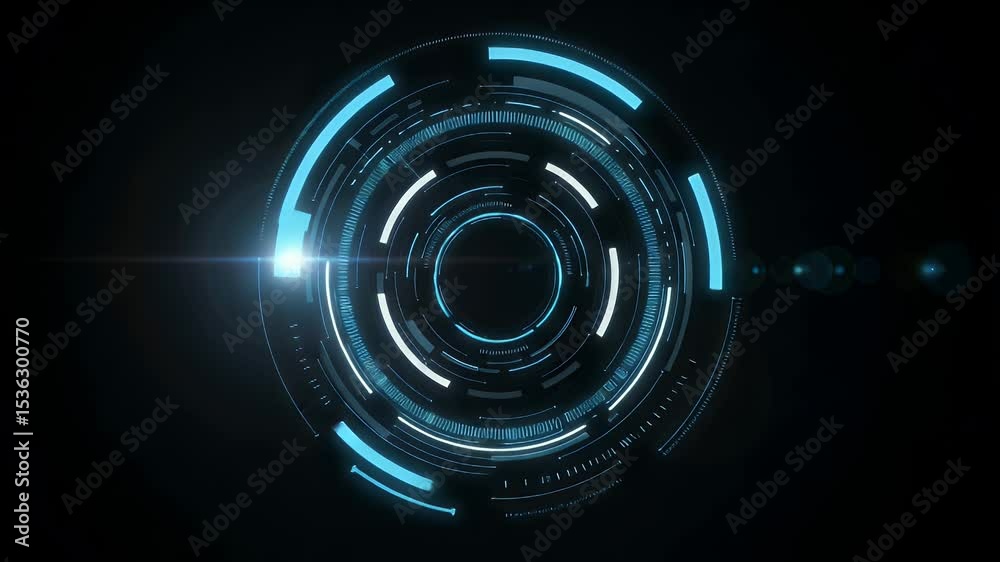 Futuristic HUD display. Circular design with cyan and white elements on dark backdrop with lens flares Futuristic HUD display. Circular design with cyan and white elements on dark backdrop with lens flares