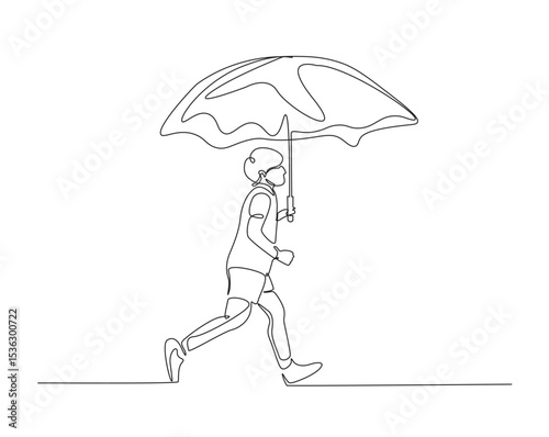 Kid walking with umbrella outline drawing illustration. one continuous line drawing of kid run with umbrella.