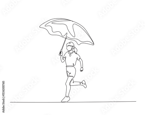 Kid walking with umbrella outline drawing illustration. one continuous line drawing of kid run with umbrella.