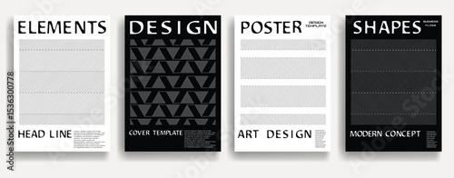 Modern posters . Vector design composition with various geometric shapes . Abstract contemporary art . Vector art ideal for media, ads, covers, brochures, banners. Black and white.
