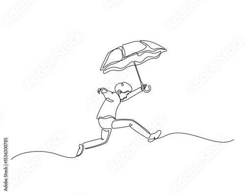 Kid walking with umbrella outline drawing illustration. one continuous line drawing of kid run with umbrella.