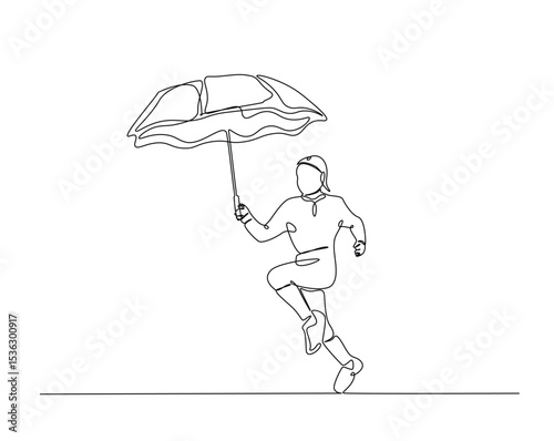 Kid walking with umbrella outline drawing illustration. one continuous line drawing of kid run with umbrella.