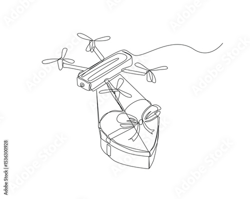 Drone delivering giftbox package  outline drawing illustration. one continuous line drawing of drone shipment.