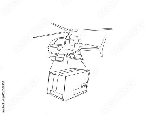 Helicopter delivering cardboard package  outline drawing illustration. one continuous line drawing of helicopter shipment.