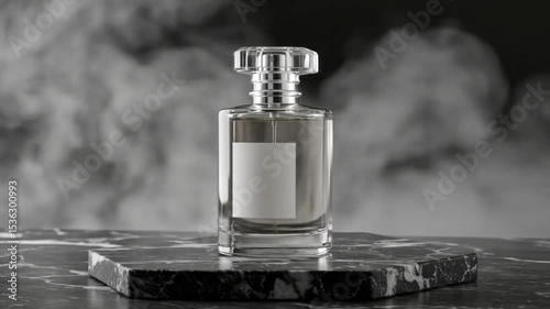Perfume bottle on dark marble platform