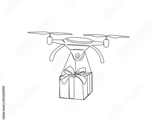 Drone delivering giftbox package  outline drawing illustration. one continuous line drawing of drone shipment.