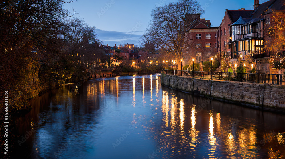 Fototapeta premium Twilight serenity by the urban river, where water mirrors the fading day