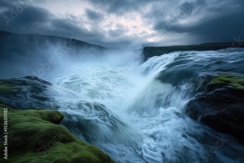 Powerful waterfall cascading over dark rocks, dramatic sky