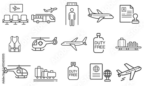 Airport and Aviation Transportation Icon Set for Travel Apps, Booking Websites, Flight Information Systems and Tourism Business Presentations