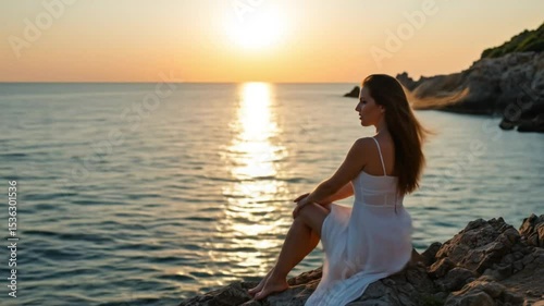 Woman contemplating ocean sunset