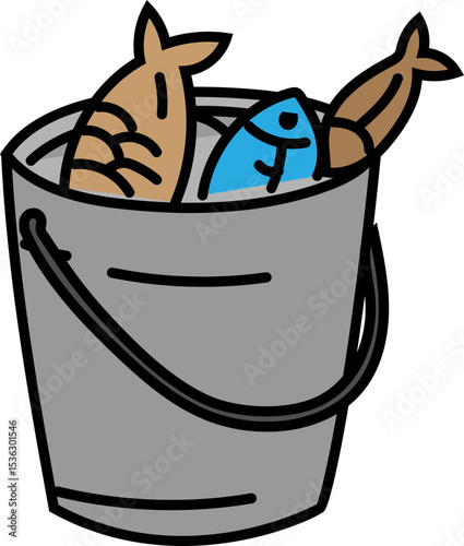fishing bucket with tools vector icon for fishing gear, angler equipment or marine sport illustration