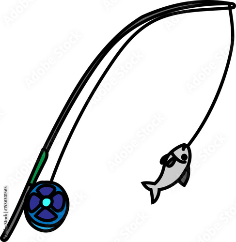fishing pole casting line vector icon for fishing gear, angler equipment or marine sport illustration