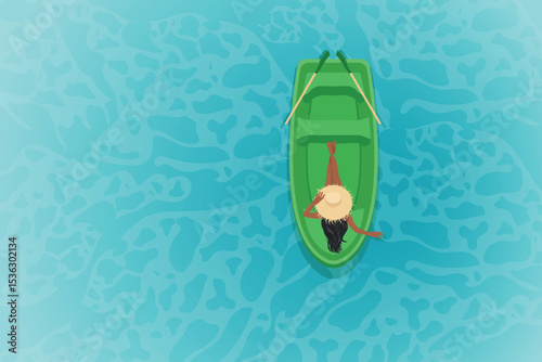Vector illustration of a woman in a straw hat relaxing in a green boat on clear water, top view. Minimal summer travel concept with space for text. Perfect for vacation and nature themes.