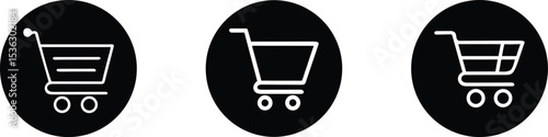 A collection of three black circular icons featuring minimalist white line art of shopping carts, perfect for e-commerce, online shopping, or retail applications. Ideal for websites, apps, and digital