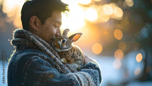 Faceless Silhouette Holding Rabbit Wrapped in Soft Holiday Blanket