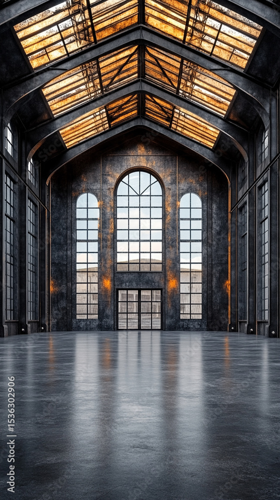 Fototapeta premium Spacious empty industrial warehouse interior with concrete floor, metallic pillars, and skylights. Ideal setting for product placement, storage, logistics, or business projects.