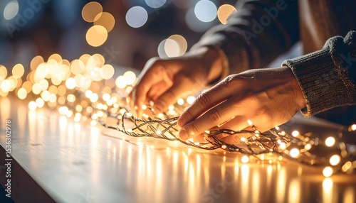 Hands Adjusting Festive Lights on Retail Display Table with Copyspace