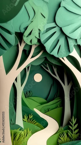 Layered paper cut illustration of a forest scene with trees, path, hills, and a moon in shades of green and white, stylized art, nature