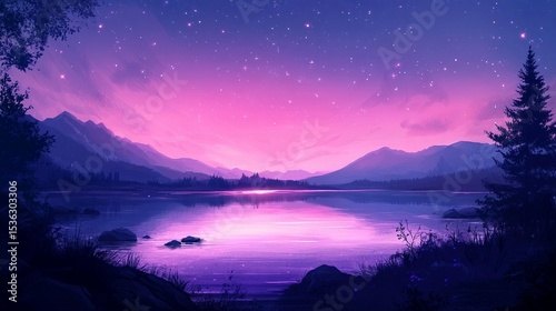 Purple Sunset Lake & Mountains