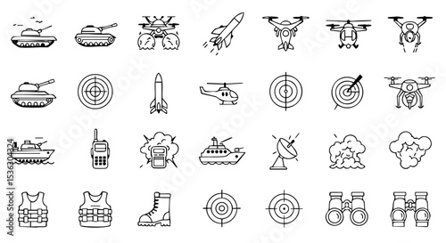 Outline Military Equipment Icon Set 