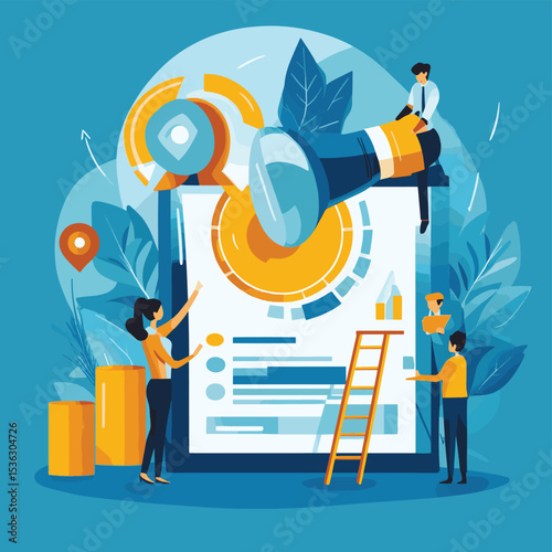 business finance investment goal, business marketing target, people team working research and analysis, vector style simple color