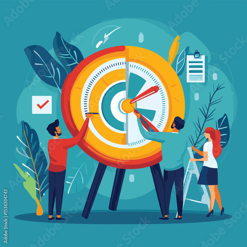 business finance investment goal, business marketing target, people team working research and analysis, vector style simple color