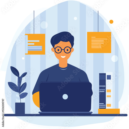 business online education. a man working and learning online on a laptop. flat illustration design concept, vector style simple color