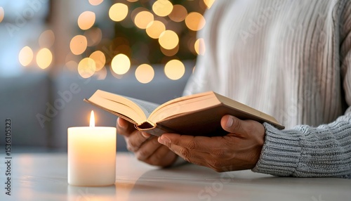 Cozy Scene of a Person Holding an Open Book Beside a Candle